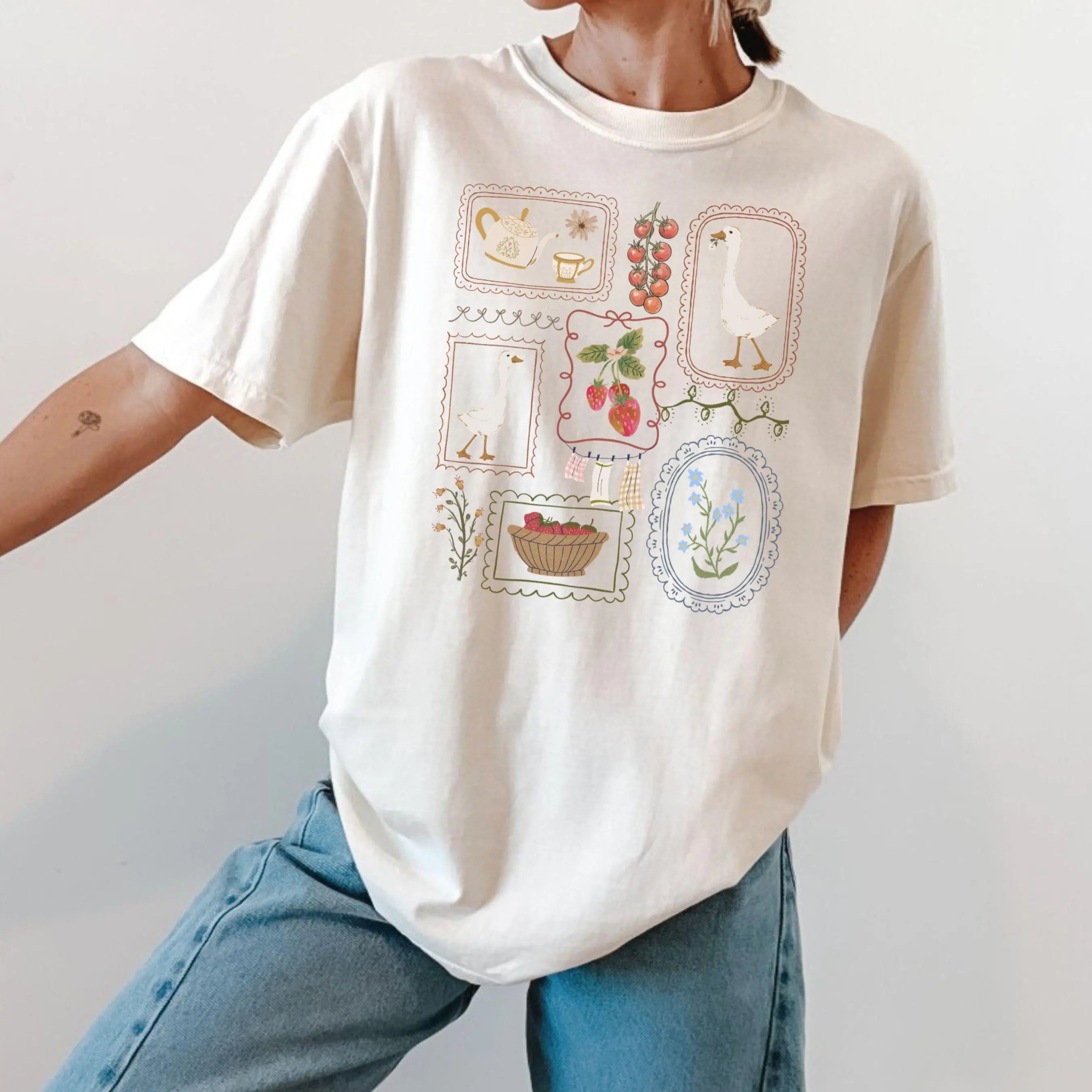 🪿Vintage Cottagecore Goose Graphic T-Shirt – Oversized Soft Cotton Tee for Women