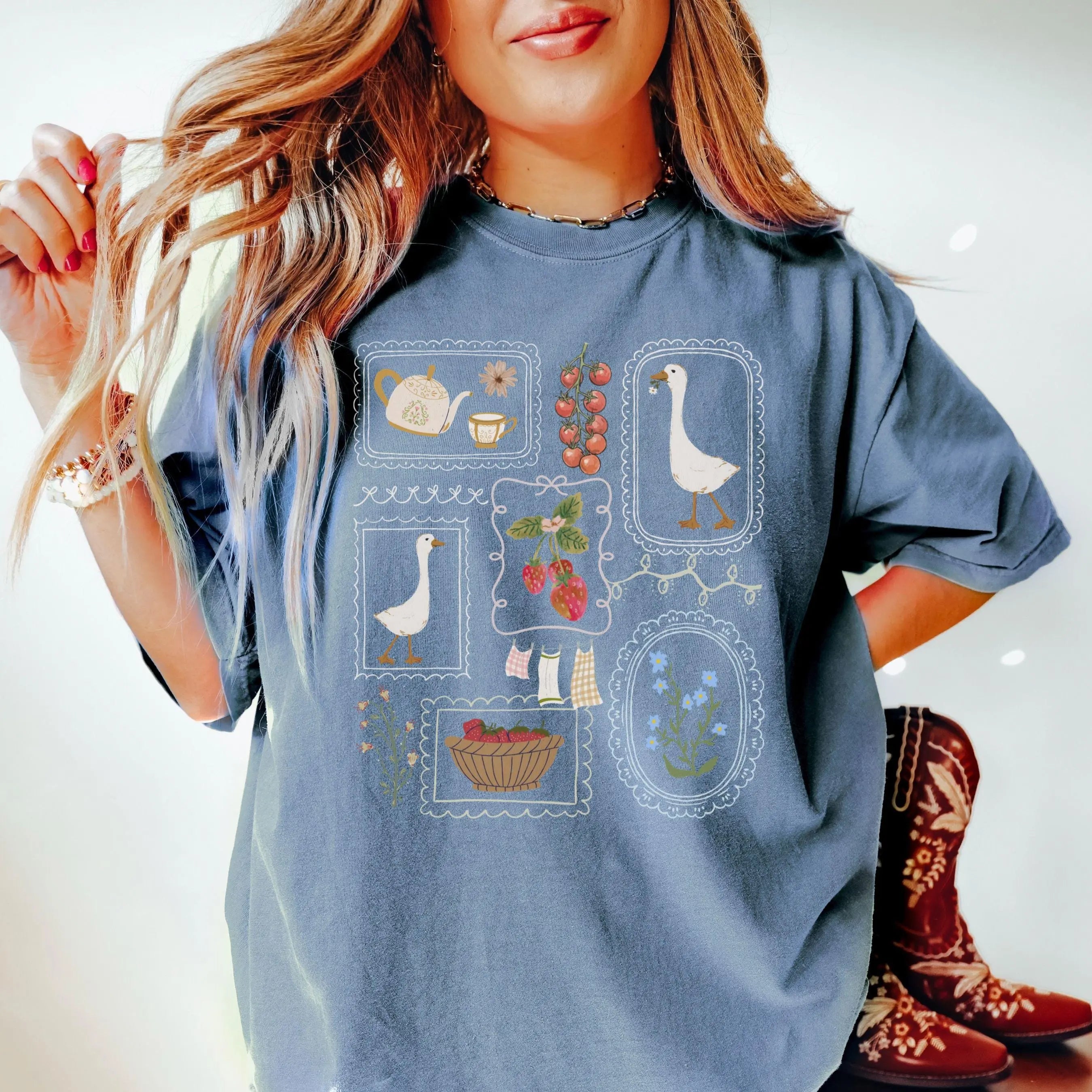 🪿Vintage Cottagecore Goose Graphic T-Shirt – Oversized Soft Cotton Tee for Women