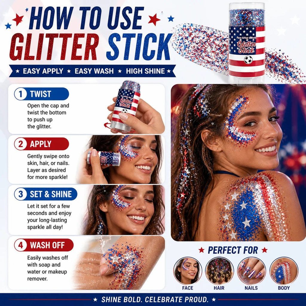 🦅🔔4th of July Glitter Stick🎇 Red, White & Blue Body & Hair Sparkle