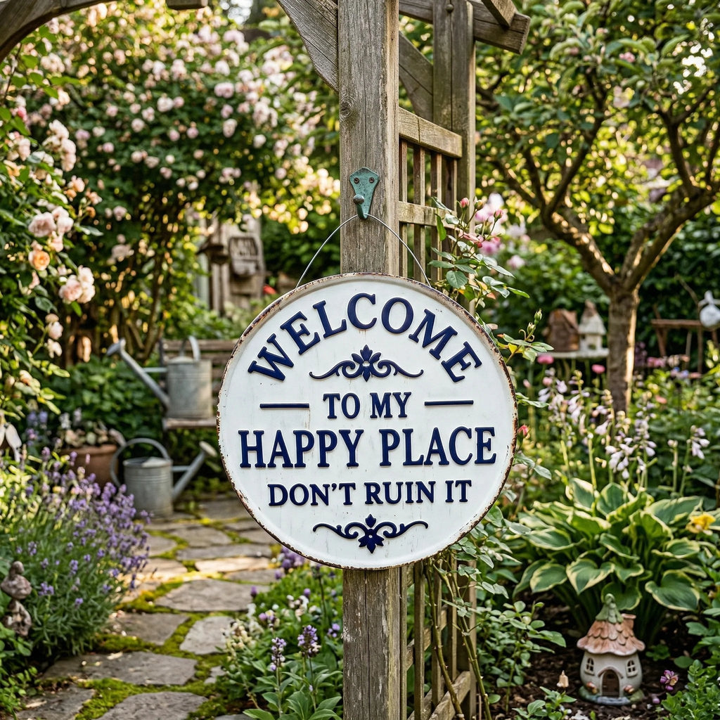 Vintage Round Metal Sign – “Welcome to My Happy Place Don’t Ruin It” Garden Wall Decor