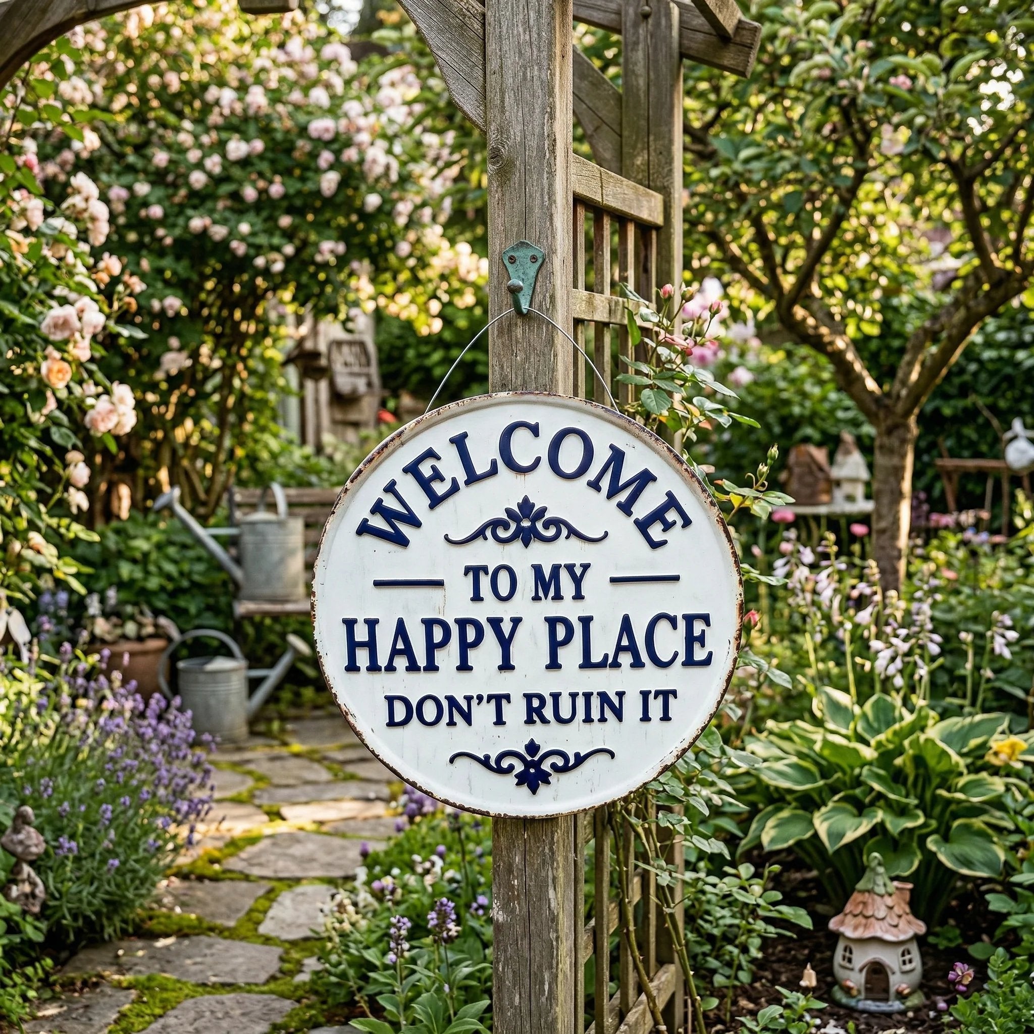 Vintage Round Metal Sign – “Welcome to My Happy Place Don’t Ruin It” Garden Wall Decor