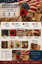 Handmade America 250 Heart Ornament – Patriotic Fabric Decor with Poppy Flower (1776–2026 Anniversary Edition)