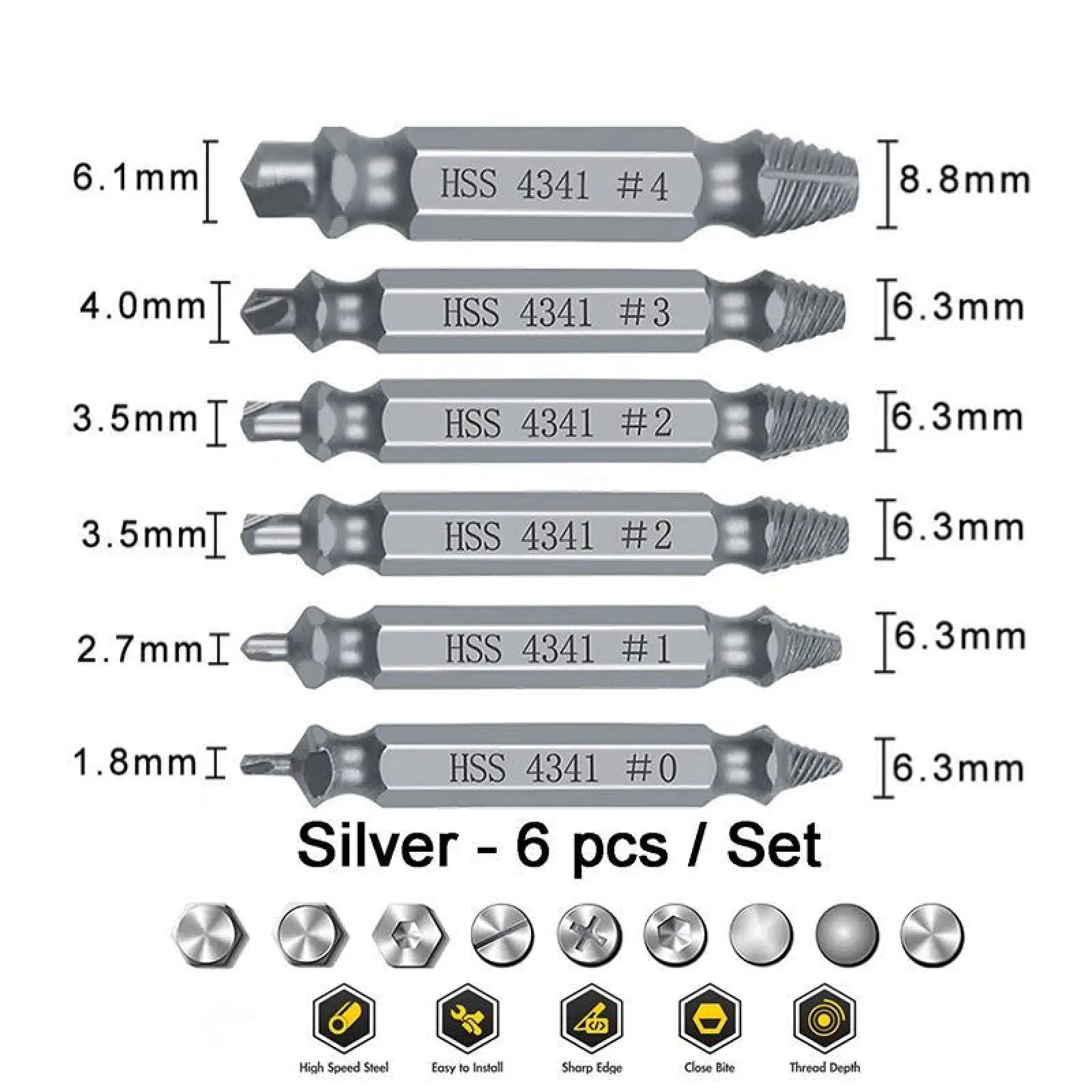 Stripped & Broken Screw Remover Set – 6 Pcs Easy Out Bolt Extractor, Double‑Head Design for Damaged Screws