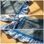 👖Denim Ruffle Apron – Upcycled from Vintage Jeans, Floral Lace Trim – Sustainable Gift for Garden & Kitchen 🧑‍🌾♻️