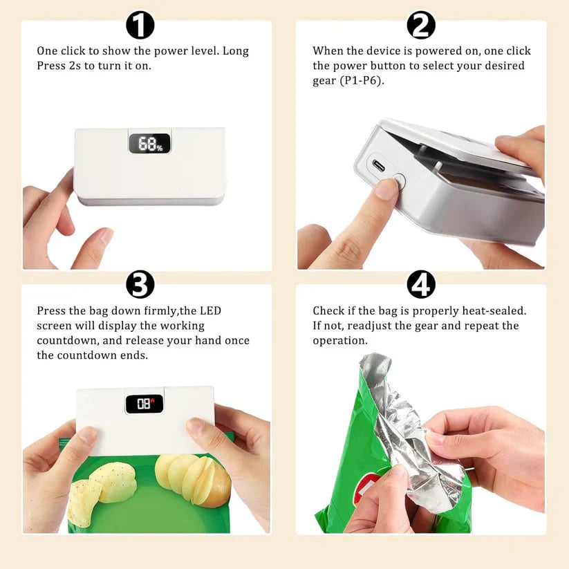 🔒Mini Sealer Machine – Rechargeable Portable Sealing and Cutting Tool with LED Battery Display
