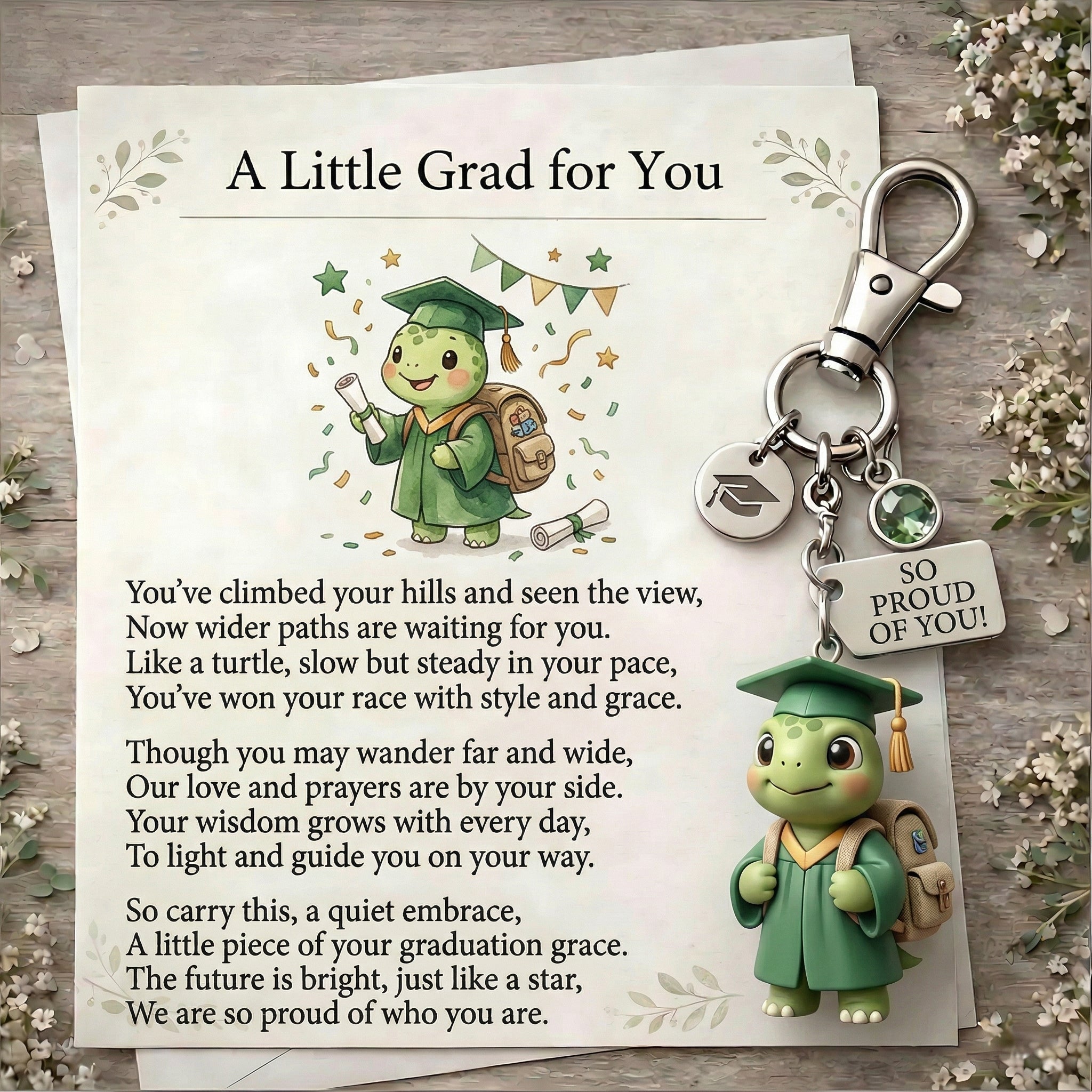 "Slow, Steady & So Proud!" 🐢 The Little Turtle Graduate Keychain & Keepsake Poem Card Set 🎓(2D Acrylic)